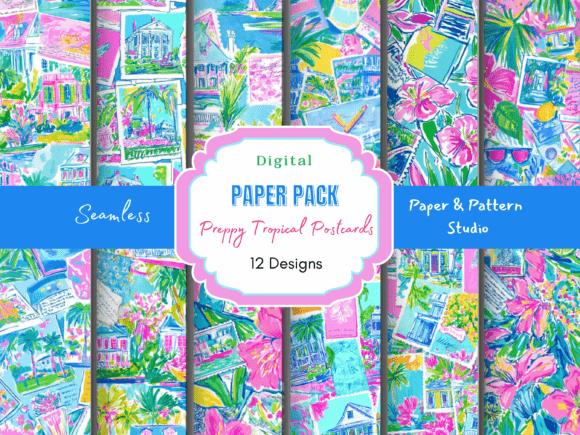 Bringing Coastal Charm to Your Designs: The Preppy Tropical Postcard Print Digital Paper Pack