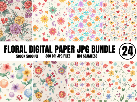 Colorful Floral Digital Paper Bundle W