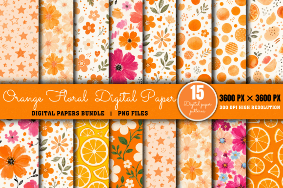 Orange Floral Digital Paper Bundle