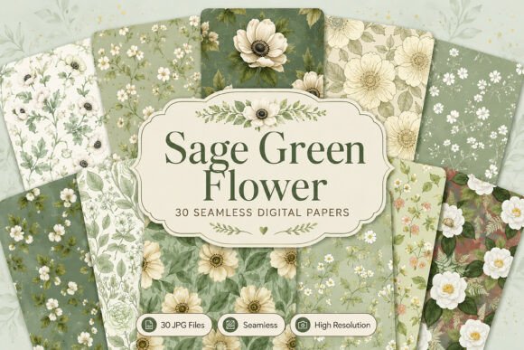 Seamless Sage Green Flower Digital Set